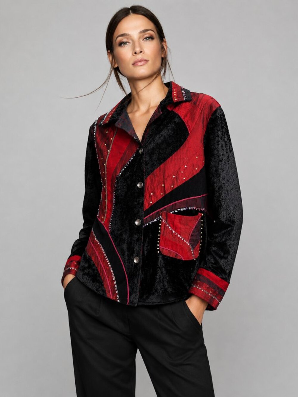 Parsley & Sage Unique Vintage-Inspired Red & Black Patchwork Jacket
